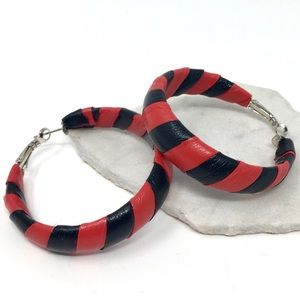 Jumbo Chunky Red and Black Striped Faux Leather Hoop Earrings